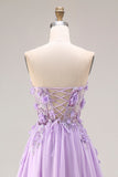 Corset de bal longue, corset sans bretelles à lis appliqué lilas