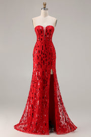 Robe de bal longue de bal scintillante rouge sans bretelles en sequins