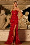 Robe de bal longue de bal scintillante sirène rouge rouge sans bretelles à sequins