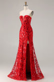 Robe de bal longue de bal scintillante rouge sans bretelles en sequins