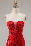 Robe de bal longue de bal scintillante rouge sans bretelles en sequins
