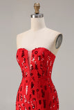 Robe de bal longue de bal scintillante rouge sans bretelles en sequins