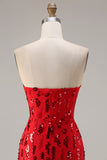 Robe de bal longue de bal scintillante rouge sans bretelles en sequins