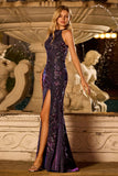 Robe de bal longue de bal à paillettes en dos nu en raisin en dos nu et en forme de silêne