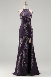 Robes de soirée longue scintillante en paillettes couleur raisin avec appliqué sirène