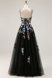 Robe de soirée longue en tulle noir pailleté en ligne A avec fente