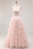 Corset rose A-Line Bonder Bond, robe de bal longue à volants à étages à fleurs et perles
