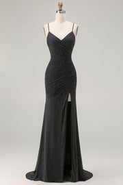 Robe de bal longue à bretelles fines de sirène noire scintillante avec fente