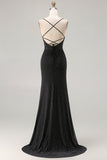 Robe de bal longue à bretelles fines de sirène noire scintillante avec fente