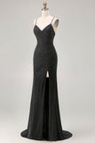 Robe de bal longue à bretelles fines de sirène noire scintillante avec fente