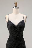 Robe de bal longue à bretelles fines de sirène noire scintillante avec fente