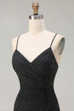 Robe de bal longue à bretelles fines de sirène noire scintillante avec fente
