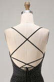 Robe de bal longue à bretelles fines de sirène noire scintillante avec fente