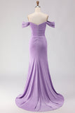Robe longue de bal violette perlée à perles dénudées, sirène de bal