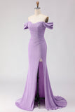 Robe longue de bal violette perlée à perles dénudées, sirène de bal