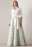 Robe pour mère de la mariée bleu roi trapèze manches longues brodée de fleurs avec foulard assorti