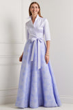 Robe pour mère de la mariée bleu roi trapèze manches longues brodée de fleurs avec foulard assorti