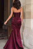 Robe longue de bal à paillettes bordeaux Sirène Sweetheart Corset froncée avec fente
