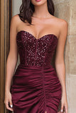 Robe longue de bal à paillettes bordeaux Sirène Sweetheart Corset froncée avec fente