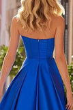 Robe de bal longue en satin plissé A-line bleu royal avec fente