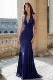 Robe longue de bal en satin froncé sirène dos nu bleu marine