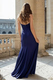 Robe longue de bal en satin froncé sirène dos nu bleu marine