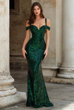 Robe de bal longue vert foncé à paillettes sirène à épaules dénudées