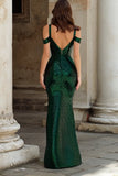 Robe de bal longue vert foncé à paillettes sirène à épaules dénudées