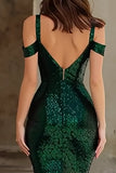 Robe de bal longue vert foncé à paillettes sirène à épaules dénudées