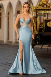 Robe de soirée longue bleu poussiéreux corset perlé sequins avec fente