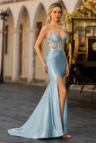 Robe de soirée longue bleu poussiéreux corset perlé sequins avec fente