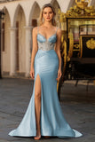 Robe de soirée longue bleu poussiéreux corset perlé sequins avec fente