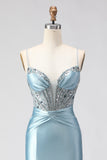 Corset perlé bleu poussiéreux Corset à sequins avec longue robe de bal avec fente
