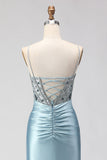 Corset perlé bleu poussiéreux Corset à sequins avec longue robe de bal avec fente