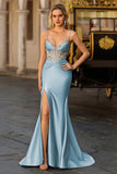 Robe de soirée longue bleu poussiéreux corset perlé sequins avec fente