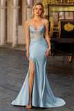 Robe de soirée longue bleu poussiéreux corset perlé sequins avec fente