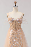 Corset scintillant en sirène champagne et paillettes, longue robe de bal avec perles