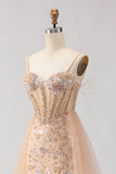 Corset scintillant en sirène champagne et paillettes, longue robe de bal avec perles