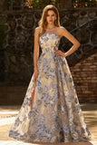 Corset bleu poussiéreux sans bustiers, une robe de bal longue en brocart floral avec fente