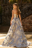 Corset bleu poussiéreux sans bustiers, une robe de bal longue en brocart floral avec fente