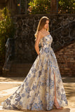 Corset bleu poussiéreux sans bustiers, une robe de bal longue en brocart floral avec fente