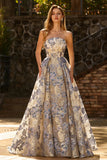 Corset bleu poussiéreux sans bustiers, une robe de bal longue en brocart floral avec fente