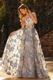 Corset bleu poussiéreux sans bustiers, une robe de bal longue en brocart floral avec fente