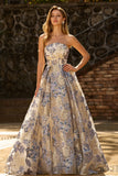 Corset bleu poussiéreux sans bustiers, une robe de bal longue en brocart floral avec fente