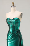 Corset de bal plissé sirène métallique vert foncé vert foncé avec longues robe de bal avec fente