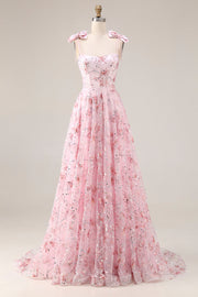 Robe de soirée longue rose scintillante coupe A avec paillettes florales et nœuds