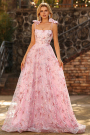Robe de soirée longue rose scintillante à paillettes florales avec nœuds