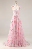 Robe de soirée longue rose scintillante coupe A avec paillettes florales et nœuds
