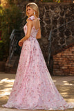 Robe de bal longue à paillettes fleurales rose scintillante avec nœuds