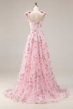 Robe de soirée longue rose scintillante coupe A avec paillettes florales et nœuds